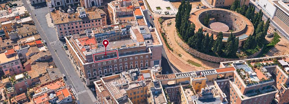 Vista aerea del palazzo con l'ufficio evidenziato, accanto al Mausoleo di Augusto