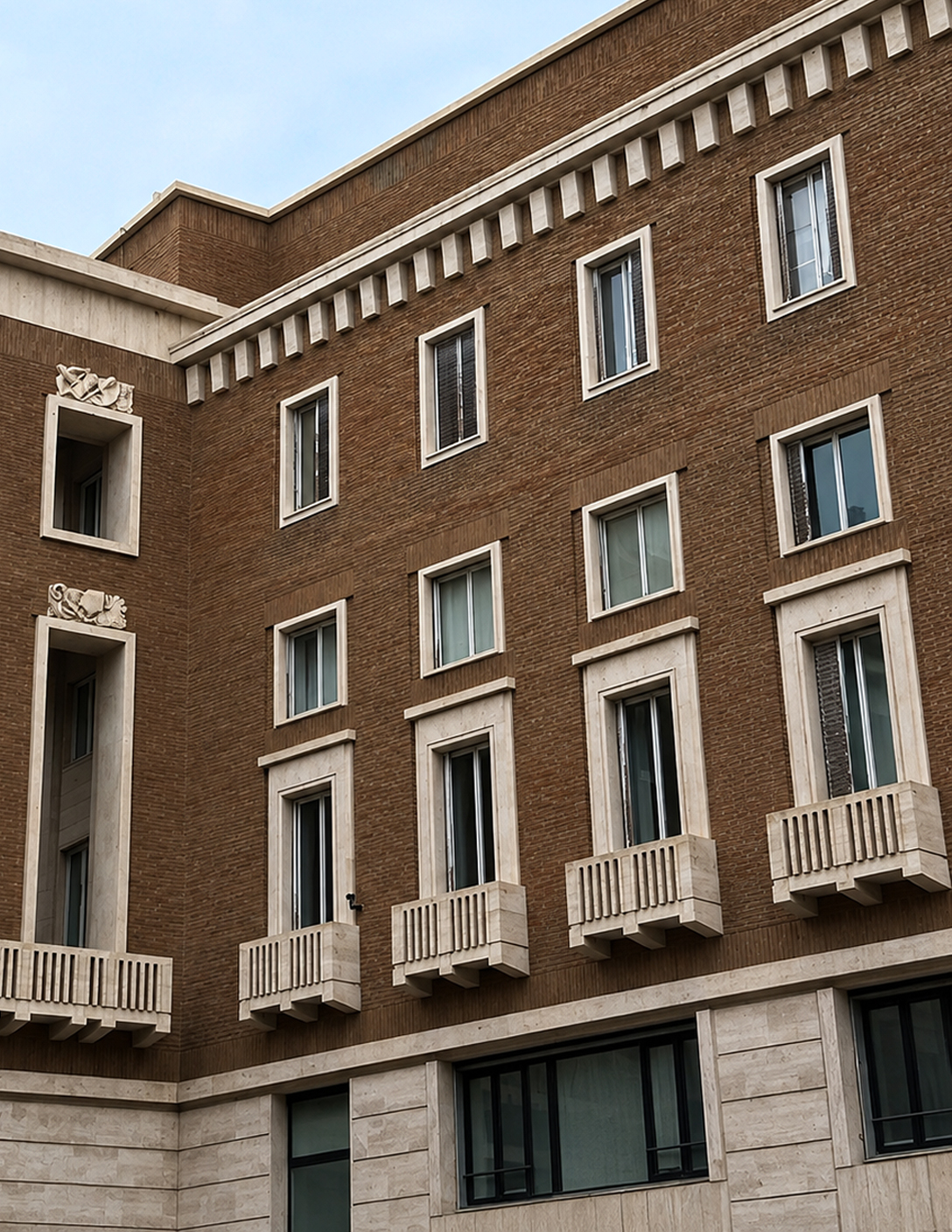 Dettaglio architettonico romano: balcone in ferro battuto e ombra netta sull'intonaco