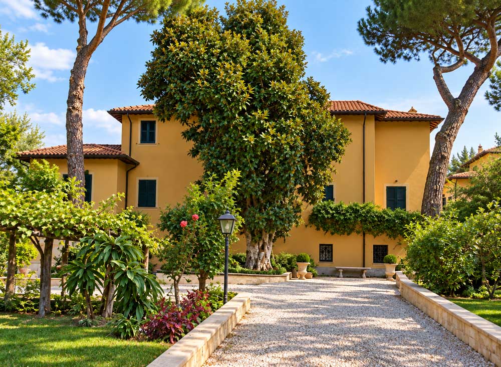 Fabbricato principale con magnolia e viale in ghiaia