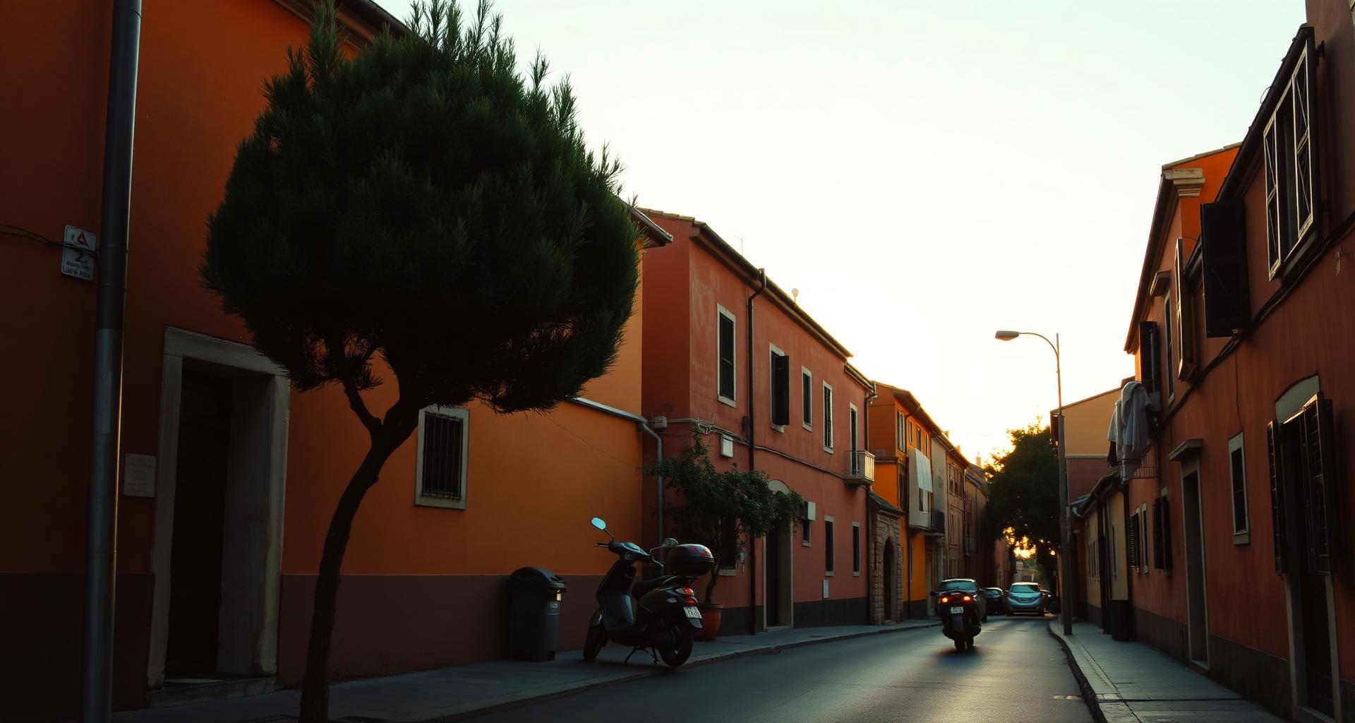 Strada di un quartiere romano all'ora dorata, con pino domestico e facciate ocra